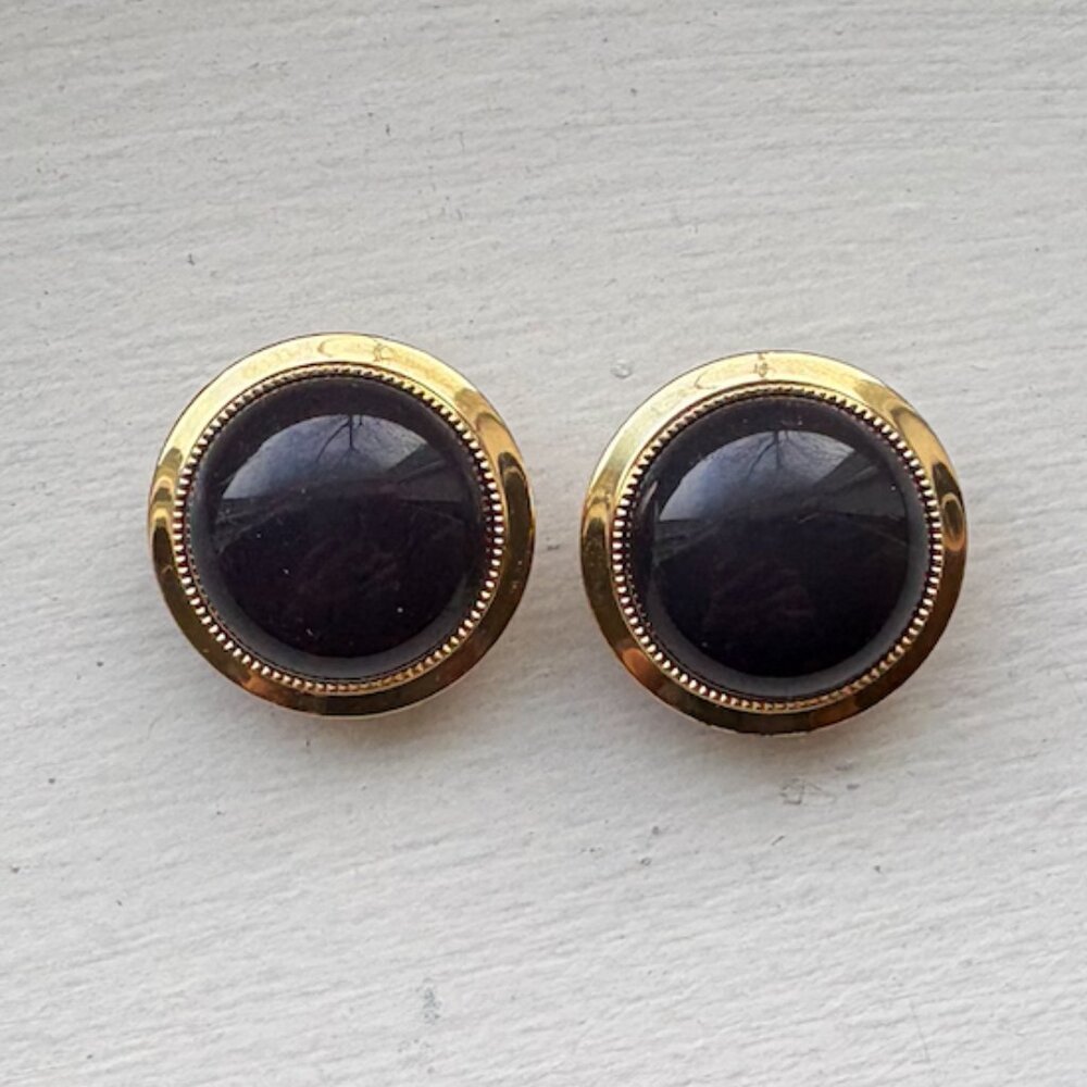 Goldtone Metal Black Acrylic Round Clip-On Earrings